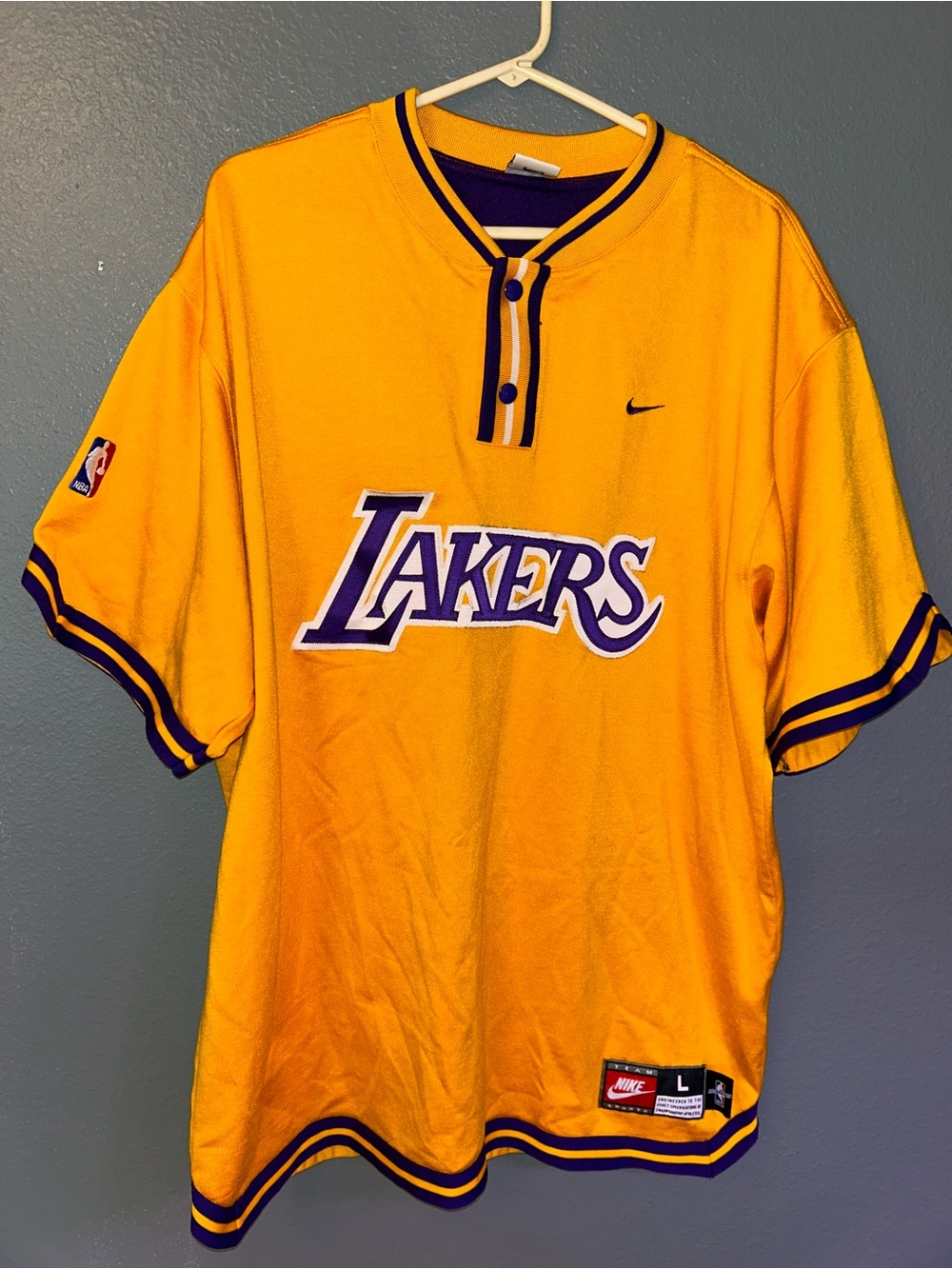Nike Los Angeles Lakers Gold and Purple Short-Sleeve Henley Jersey - Men's L